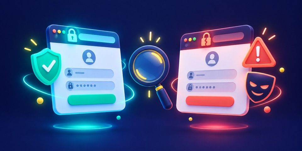 Gerçek ve sahte giriş sayfasının adres çubuğu üzerinden karşılaştırıldığı illüstrasyon