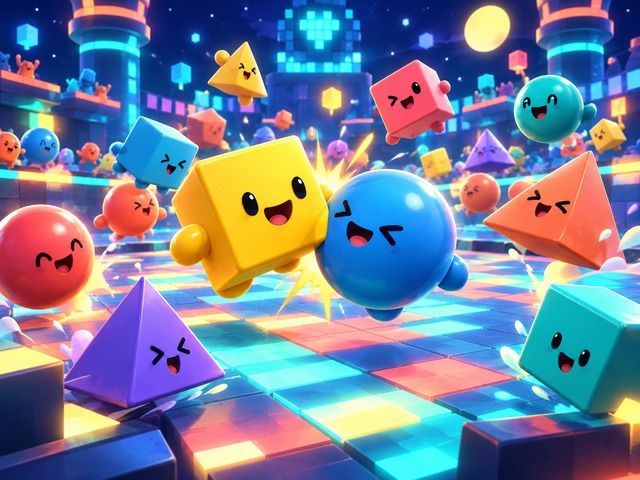 Piksel Meydanı arenasında mücadele eden on altı geometrik karakter